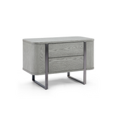 Modern nightstand with grey wood grain finish and durable metal base